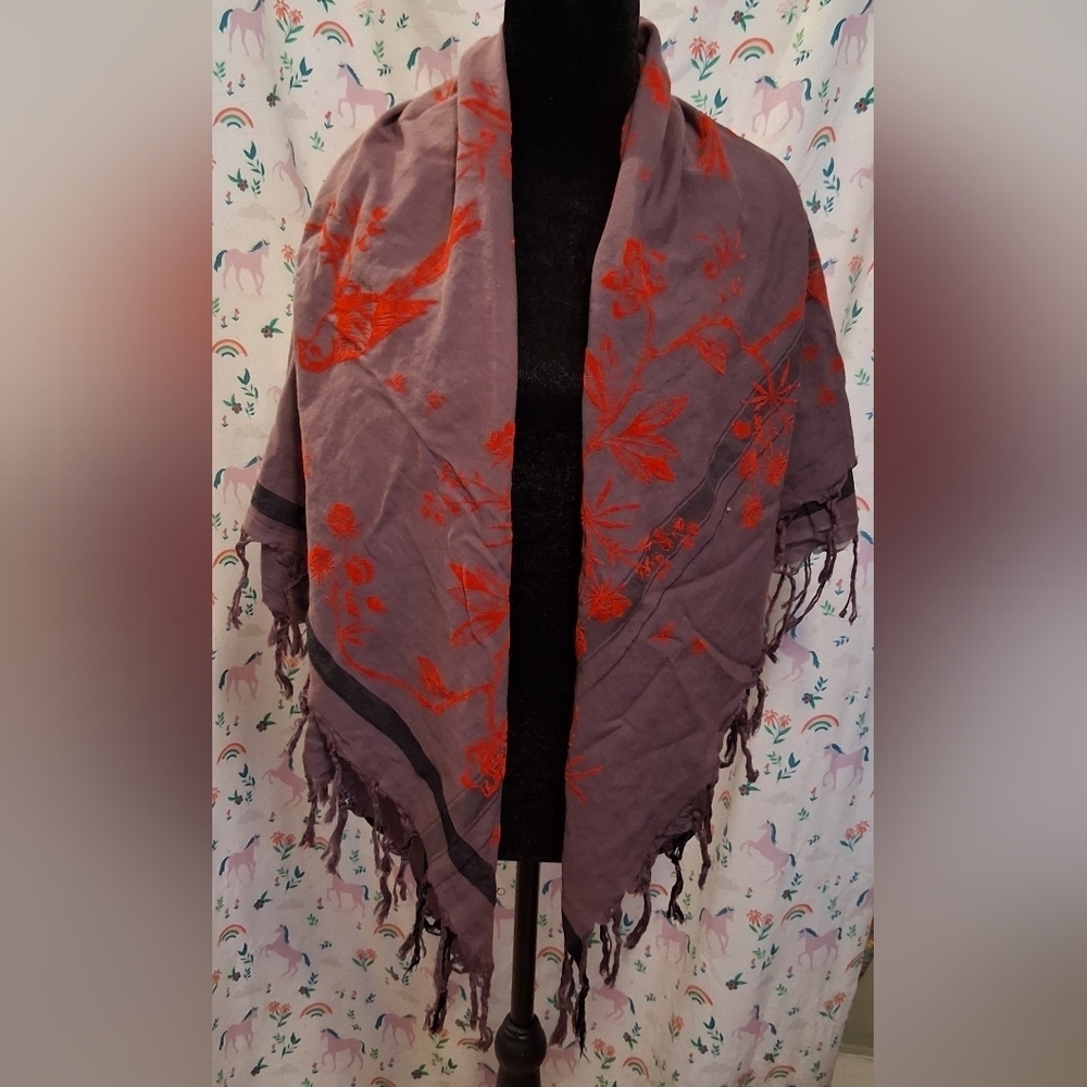 EUC Leigh & Luca Purple & Red Cotton Floral Bird Casual Boho XL Scarf Wrap